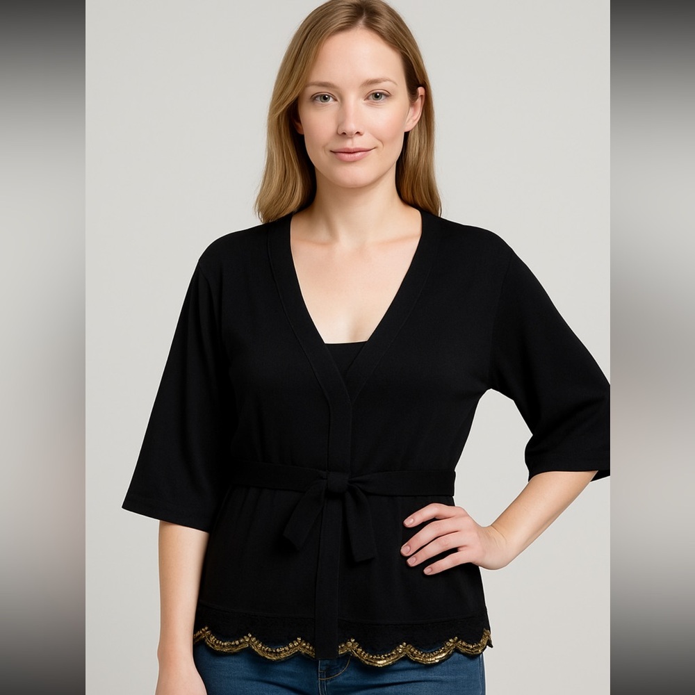 Karen Miller Short Sleeve Cardigan Top Silk Trim Sequin bottom Black Size 3 NEW